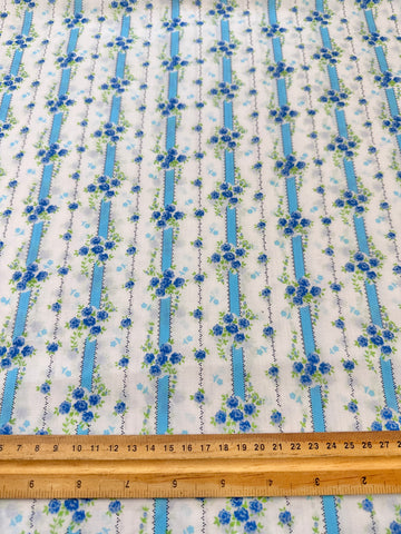 Vintage Fabric 1970s Small Blue Flowers w Green Leaves & Sky Blue Stripe 88cm Wide