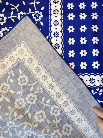 Vintage Tablecloth Crispy Unused Cotton Crepe 1970s Blue & White 120cm x 164cm