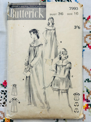 NIGHTGOWN & BLOOMERS: Butterick Sewing Pattern 1950s Size 16 Bust 36 Complete *7993