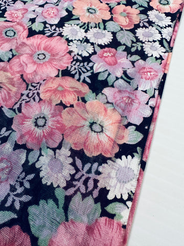 Vintage Fabric 80s 90s? Cotton Voile w/ Pink Country Floral on Black