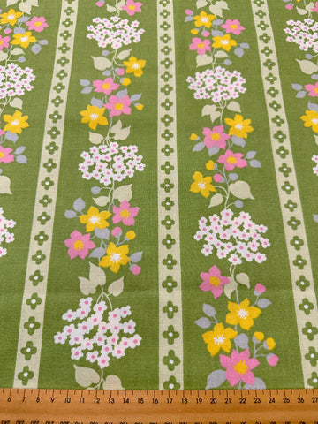 Vintage Fabric 1960s Hippie Meadow Retro Flowers on Green Cotton 88cm Wide
