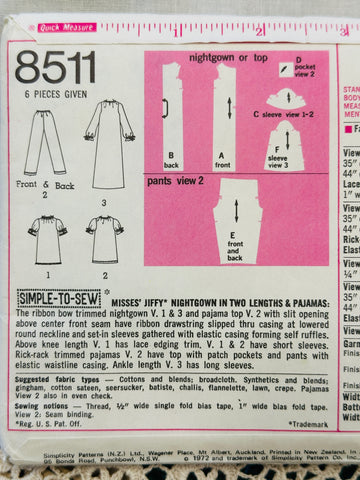 NIGHTGOWN & PAJAMAS: Simplicity Jiffy Sewing Pattern 1972 Size Medium 12-14 Uncut FF * 8511