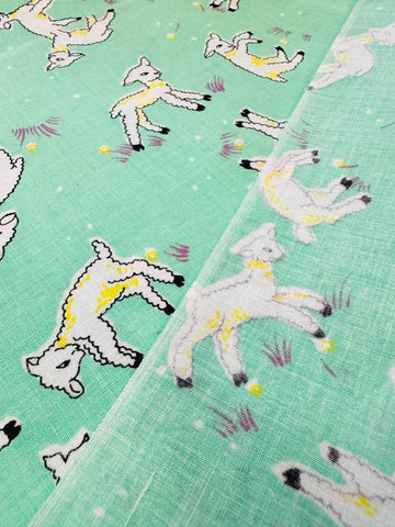Vintage Fabric 1940s 50s Delightful Frolicking Lambs on Green Crispy Cotton 88cm Wide
