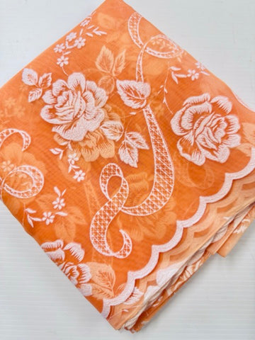 Vintage Fabric 1960s Rare Border Print Flocked Flowers Scalloped Edge Orange Nylon 106cm Wide