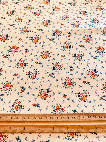 Vintage Fabric 1950s Bright Small Floral on Pale Apricot Brushed Cotton Twill Quality 76cm Wide
