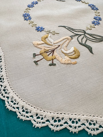 Vintage Hand? Machine? Worked Embroidered Centrepiece Doily Two Flowers w/ Daisy Ring & Crocheted Edge 44cm x 32cm