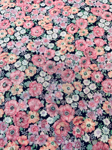 Vintage Fabric 80s 90s? Cotton Voile w/ Pink Country Floral on Black
