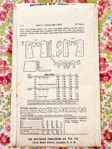 DRESS + COAT: Butterick Sewing Pattern c. 1961 Size 14 Complete FF *9927