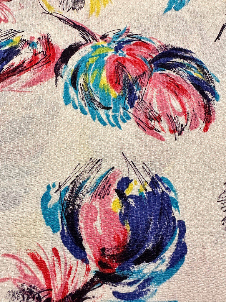Vintage Fabric 1950s Magical Painterly Flowers on White Textured Cotton Rayon 88cm Wide