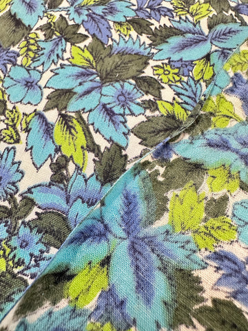 Vintage Fabric 1970s Bright Blue Green Leaves on White Cotton 80cm Wide