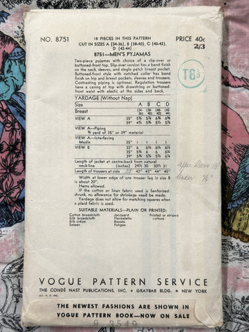 MEN’S PYJAMAS: Vogue Sewing Pattern 1940 Size 34-36 Complete Unused *8751