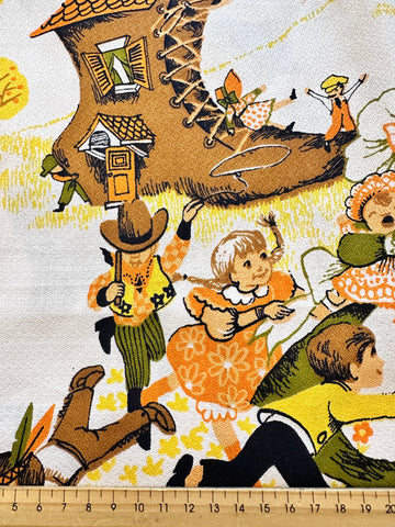 Vintage Fabric 1970s Novelty Textured Cotton Crepe w/ Nursery Rhyme Images 116cm Wide