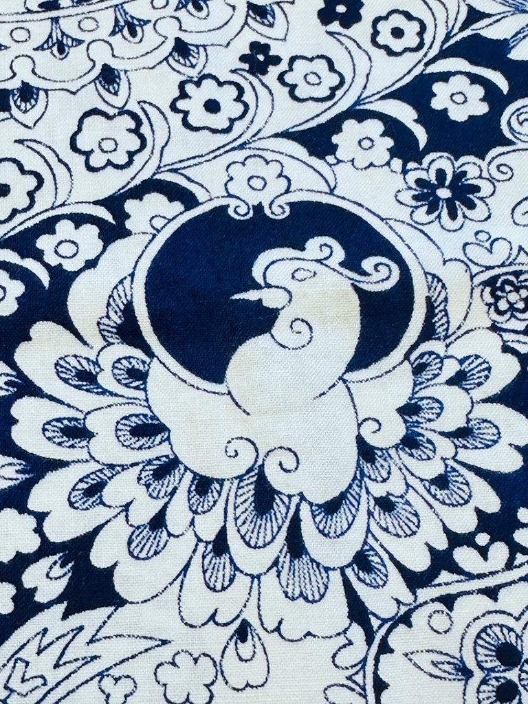 Vintage Fabric 1960s? Fabulous Stylised Peacocks Navy on White Cotton 88cm Wide