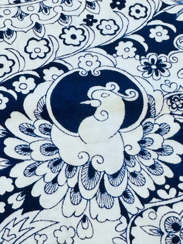 Vintage Fabric 1960s? Fabulous Stylised Peacocks Navy on White Cotton 88cm Wide