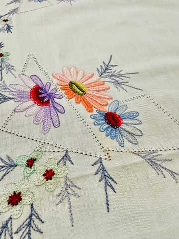 Vintage Tablecloth Centrepiece Embroidered Bright Flowers on Pale Lemon 70s? 46cm x 44cm