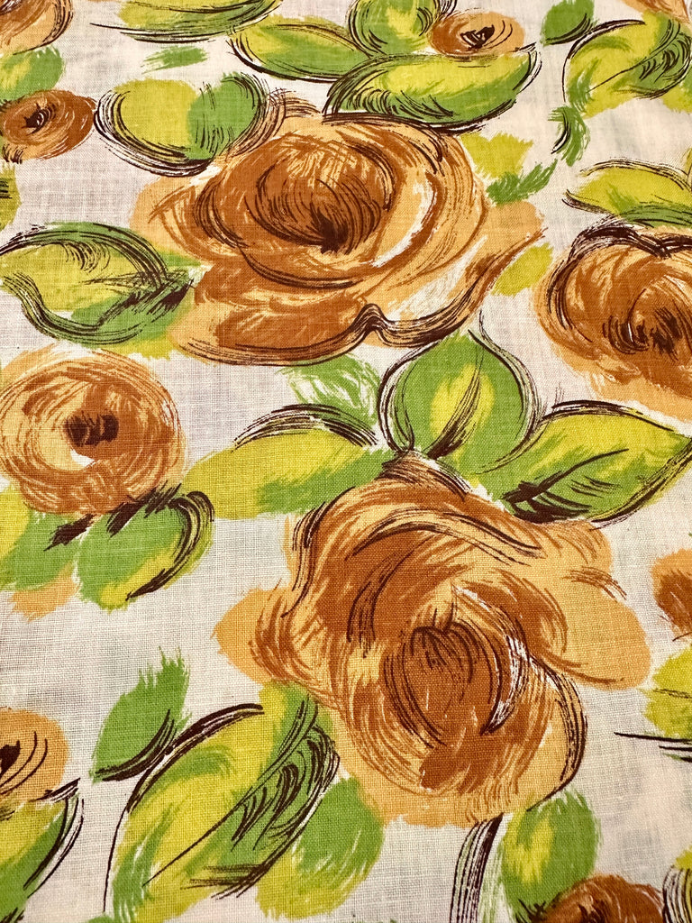 Vintage Fabric 1960s Large Brown & Green Floral on White Cotton 88cm Wide