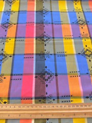 REMNANT Vintage Fabric 70s? 80s? Modern? Bright Woven Plaid w/ Graphic Overprint Shirting 54cm x 31cm