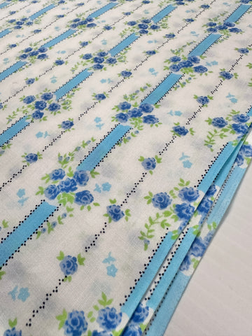 Vintage Fabric 1970s Small Blue Flowers w Green Leaves & Sky Blue Stripe 88cm Wide