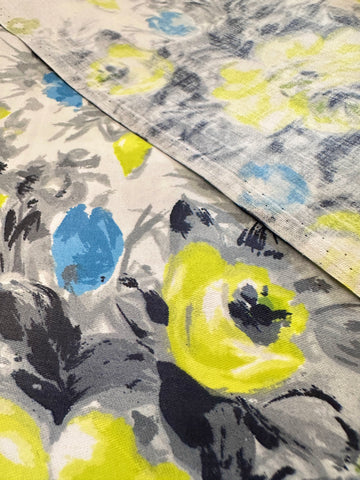 Vintage Fabric 1950s Rare Chintz Dress Cotton Bright Chartreuse & Blue Roses on White Cotton Evening Wear 88cm Wide