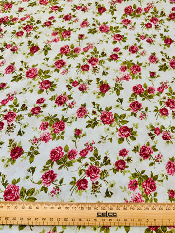 LAST PIECE Modern Fabric Quilt Cotton Pink Flowers on Pale Blue 108cm x 50cm