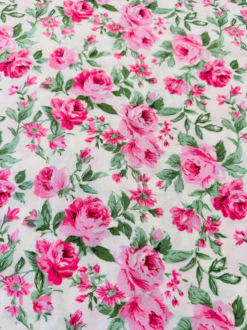 LAST PIECE Modern? Fabric Quilt Cotton Bright Pink Flower Mint Leaves 112cm x 50cm