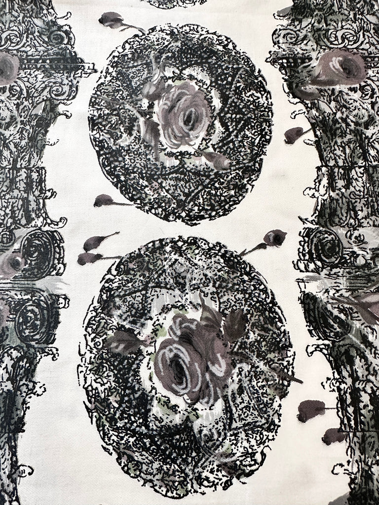 Vintage Fabric 1960s Dramatic Black Roses & Column Polished Cotton 88cm Wide