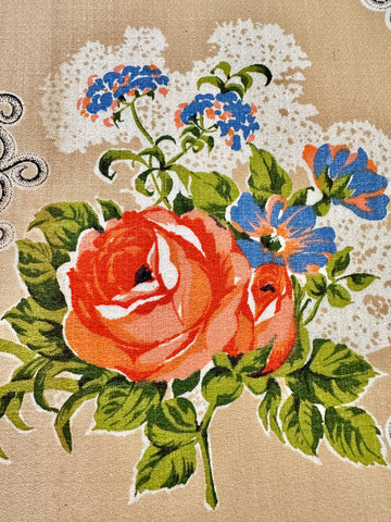 FAT QUARTER Vintage Fabric 1950s Flowers on Tan Cotton Cretonne 43cm x 50cm *marks