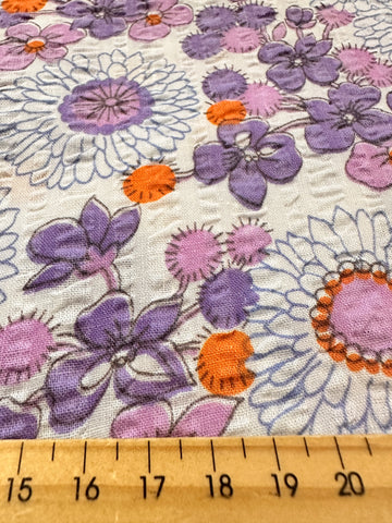 Vintage Fabric 1960s 70s Pure Retro Purple Daisies Cotton Plisse 88cm Wide