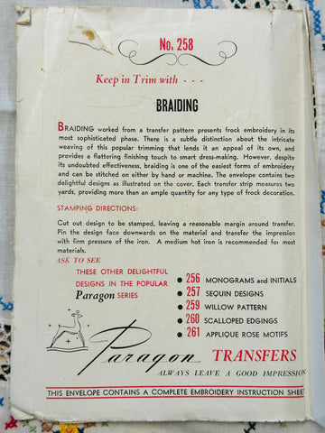 BRAIDING DESIGNS: Rare Paragon Transfers Pattern 1940s  *Number 258