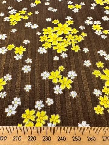 Vintage Fabric 1960s Yellow Daisies on Chocolate Brown Textured Cotton 88cm Wide