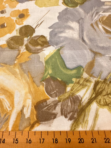 LAST PIECE Vintage Fabric 1960s Painterly Grey Roses Leaves Cotton 88cm x 50cm