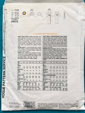 EVENING JACKET, DRESS & SASH: Vogue Paris Original Sewing Pattern YSL Yves Saint Laurent 1990 Complete Size 8-10-12 *2603