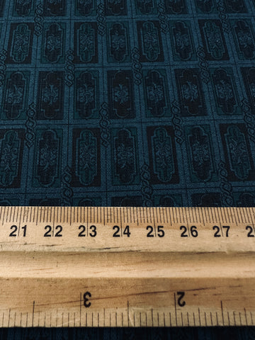 Vintage Fabric 1970s Denim Blue Cotton Shirting w/ Small Decorative Rectangles 88cm Wide