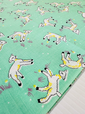 Vintage Fabric 1940s 50s Delightful Frolicking Lambs on Green Crispy Cotton 88cm Wide