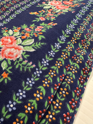 Vintage Fabric 1970s Navy Blue Cotton w/ Repeating Pink Flowers 88cm Wide