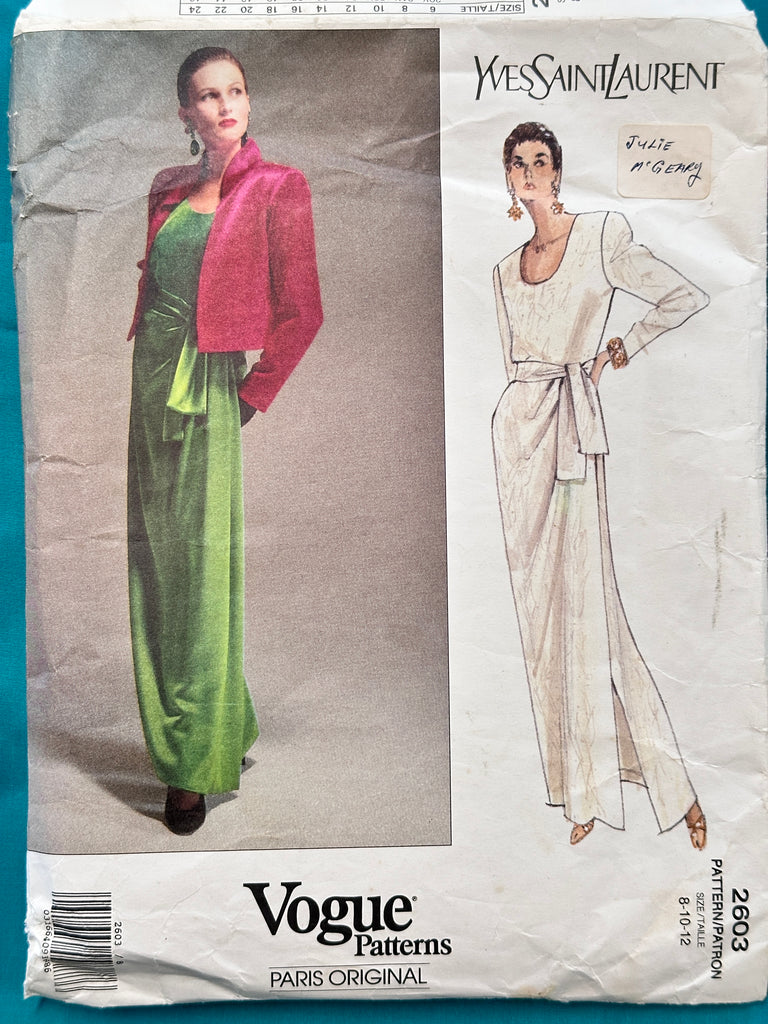 EVENING JACKET, DRESS & SASH: Vogue Paris Original Sewing Pattern YSL Yves Saint Laurent 1990 Complete Size 8-10-12 *2603