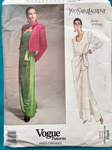 EVENING JACKET, DRESS & SASH: Vogue Paris Original Sewing Pattern YSL Yves Saint Laurent 1990 Complete Size 8-10-12 *2603