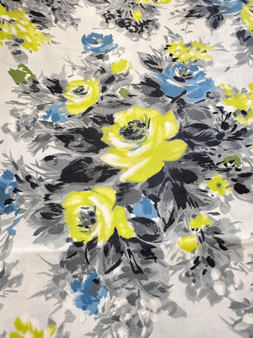 Vintage Fabric 1950s Rare Chintz Dress Cotton Bright Chartreuse & Blue Roses on White Cotton Evening Wear 88cm Wide