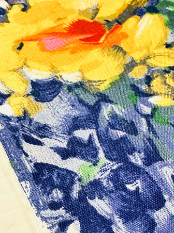 LAST PIECE Vintage Fabric 1980s? Impressionist Painterly Flowers on Blue Cotton 140cm x 50cm