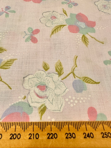 Vintage Fabric 1960s Butterflies & Flowers on Pink Cotton 88cm Wide