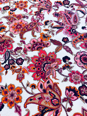 Vintage Fabric 1960s Bright Retro Psychedelic Stylised Paisley White Cotton 88cm Wide