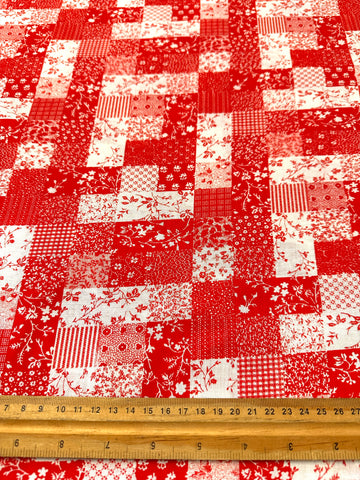 Vintage Fabric 1980s Faux Patchwork Red & White Squares 88cm Wide