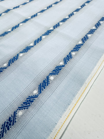 Vintage Fabric 1960s 70s Light Weight Pale Blue Cotton w/ Embroidered Stripe Spot 88cm Wide