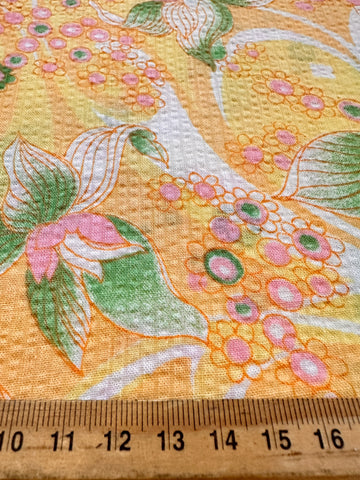 Vintage Fabric 1960s 70s Pacifica Psychedelic Yellow Tropical Cotton Plisse 88cm Wide