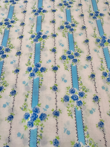 Vintage Fabric 1970s Small Blue Flowers w Green Leaves & Sky Blue Stripe 88cm Wide