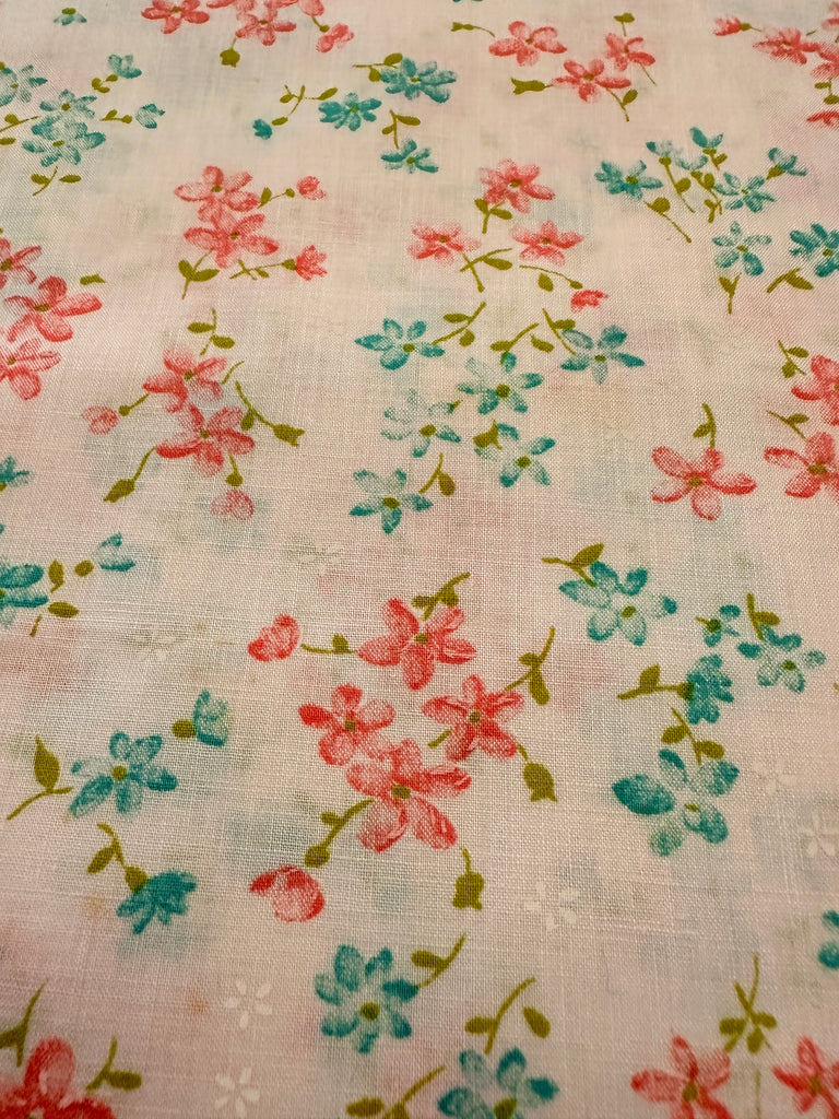 Vintage Fabric 1960s Pink & Blue Flowers on Pale Pink Cotton 88cm Wide