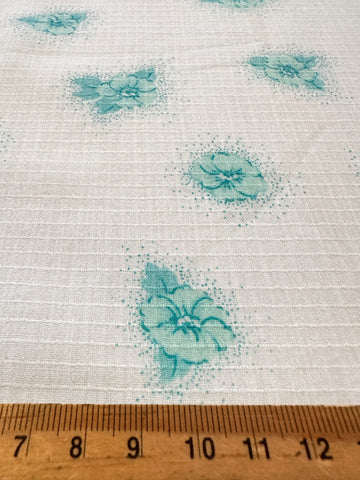 Vintage Fabric 70s Cotton Fancy Window Pane Weave Aqua Flowers 108cm Wide
