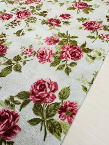 LAST PIECE Modern Fabric Quilt Cotton Pink Flowers on Pale Blue 108cm x 50cm