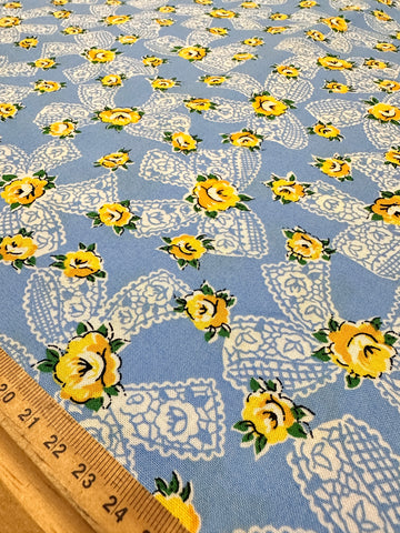 Modern Fabric Everything But The Kitchen Sink 2016 Pinafore Yellow Roses w/ Bows on Blue RJR Studio Quilt Cotton 112cm Wide