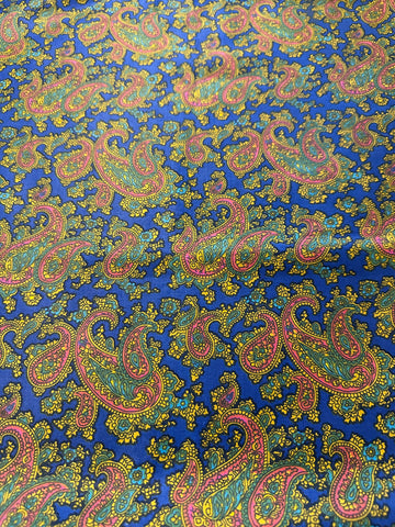 Vintage Fabric 60s 70s High End Polished Cotton Cobalt Blue Base w/ Paisley 88cm Wide